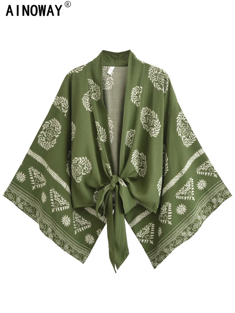 Vintage Women Fashion Boho Kimono Short Robe Swimsuits Floral Print Batwing Sleeves Bohemian Bikini Cover-Ups Beachwear