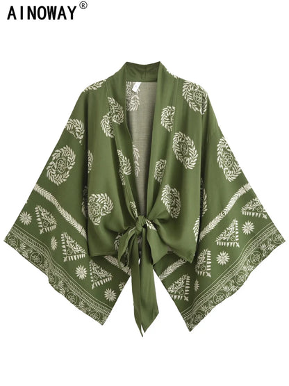 Vintage Women Fashion Boho Kimono Short Robe Swimsuits Floral Print Batwing Sleeves Bohemian Bikini Cover-Ups Beachwear