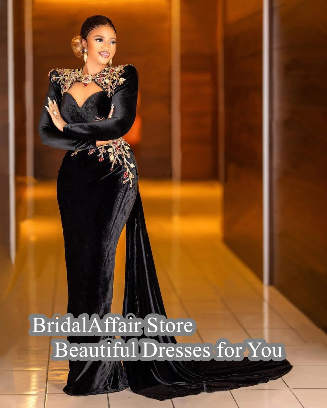 Vintage Black Velour Mermaid Evening Dresses Pretty Appliques Flowers Beaded Aso Ebi Formal Party Gown With Train Cocktail Dress