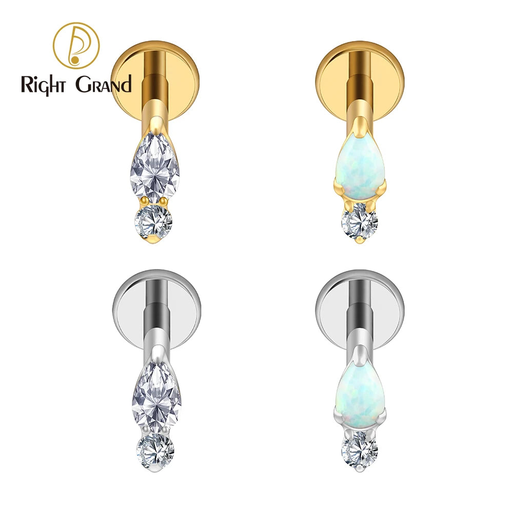 Right Grand ASTM F136 Titanium Teardrop Opal Cartilage Earring 16G Tiny Round CZ Forward Helix Labret Stud Piercing Jewelry