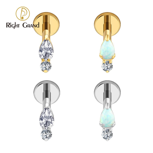 Right Grand ASTM F136 Titanium Teardrop Opal Cartilage Earring 16G Tiny Round CZ Forward Helix Labret Stud Piercing Jewelry