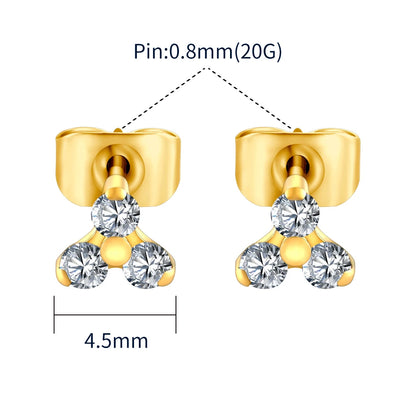 1 Pair Right Grand ASTM F136 Titanium 20G Trinity CZ Stud Earrings Simple Hypoallergenic Triple Flower Cartilage Earring Set