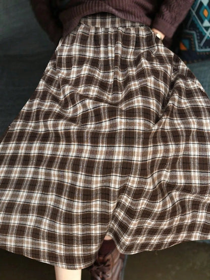 Womens Vintage Plaid Midi Skirt High Waist Elastic A Line Long Skirt Autumn Winter Casual