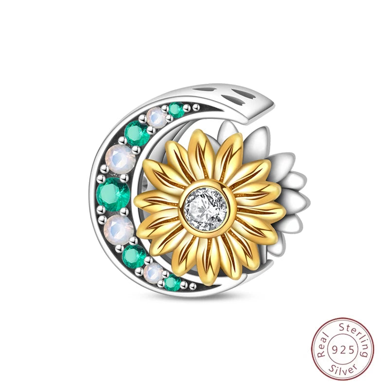 Spring Day 925 Sterling Silver Sunflower Azalea Peony Butterfly Flower Charms Beads Fit 3mm Bracelets DIY Fine Jewelry Making