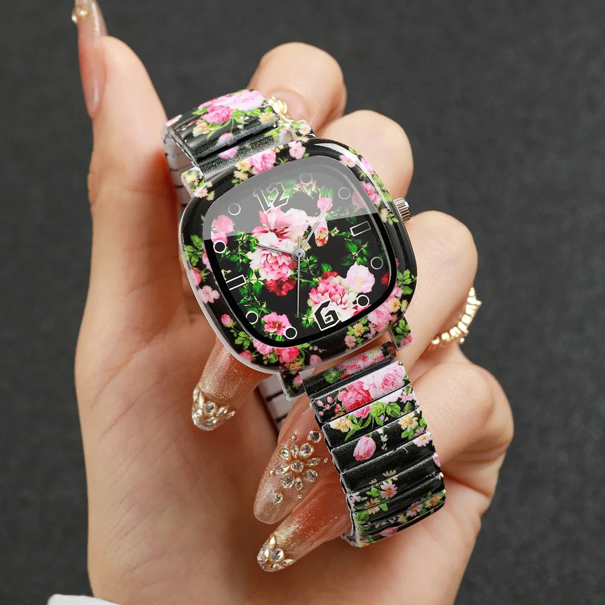 Flowers Printed Square Quartz Watch Women Casual Black Elastic Stretch Strap Ladies Wristwatch Relogio Feminino (Without Box)