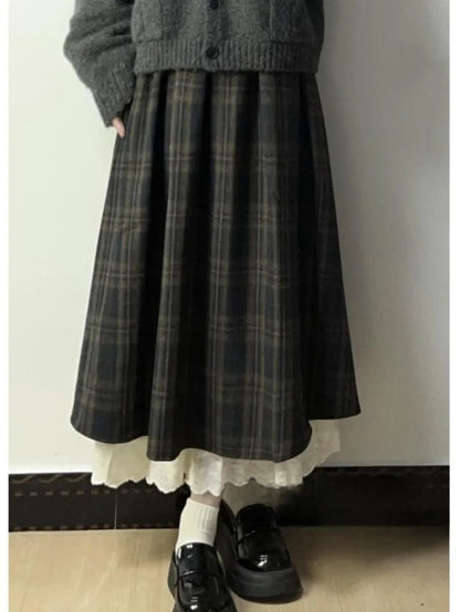 Retro Woolen  Skirt High Waist Wide Hem for Women Autumn Winter Plaid A-Line Midi Skirt Commute Style Casual Fit