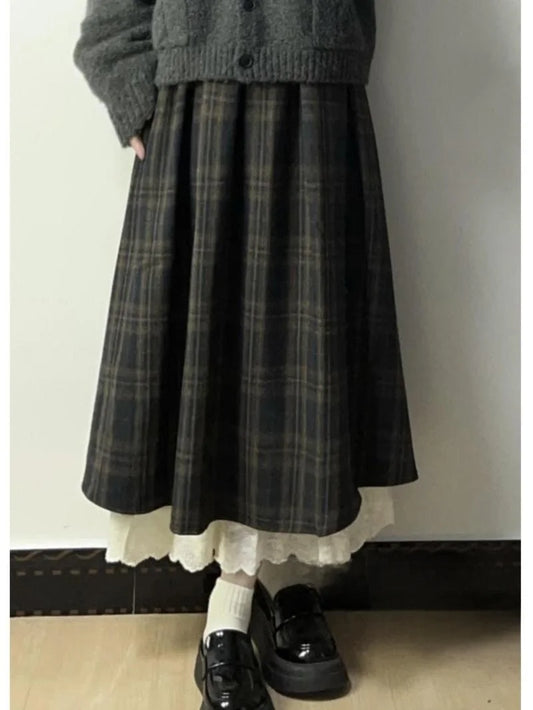 Retro Woolen  Skirt High Waist Wide Hem for Women Autumn Winter Plaid A-Line Midi Skirt Commute Style Casual Fit