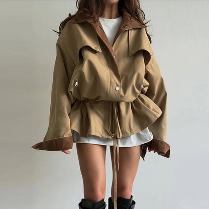 Lapel Women's Outerwear Waist Cinching Belted Jacket Drop Shoulder Cropped Cargo Trench Coat Meilaid Style Daily Fashion Wear