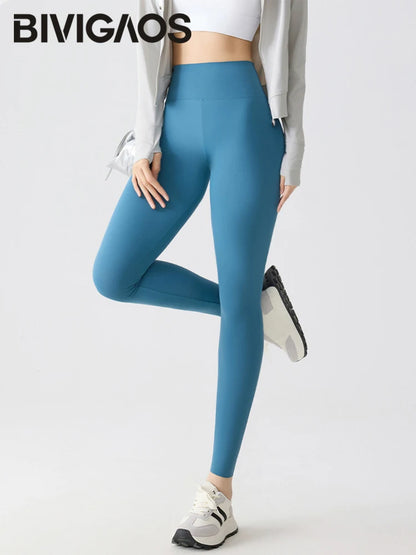 BIVIGAOS Spring Summer Multi Colored Thin Casual Fashion Sharkskin Leggings Women High Waist Tight Sport Cycling Fitness Legging