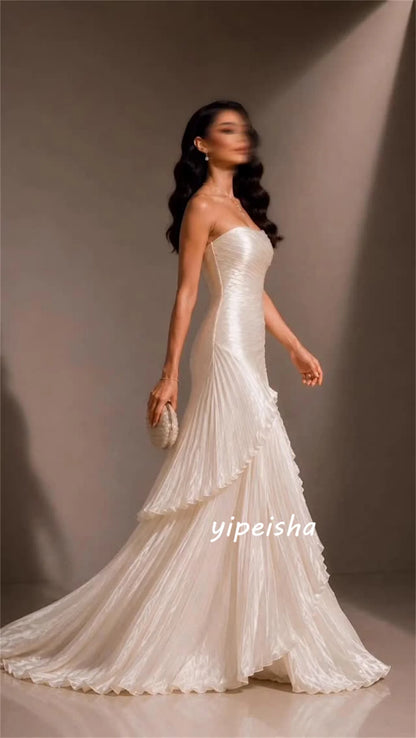 Customized White Dress Formal High Quality Pleat Draped Tiered Mermaid Strapless Floor-Length Evening Dresses For Wedding Party