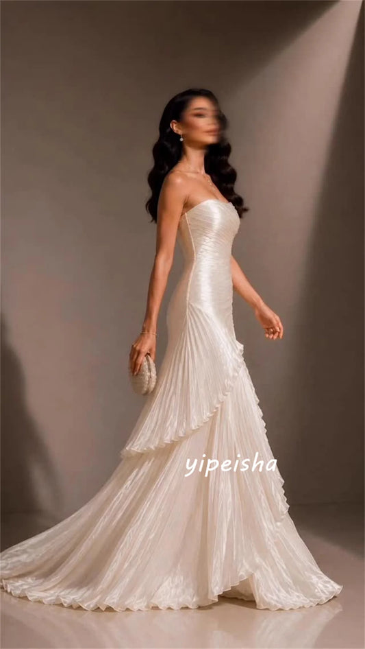 Customized White Dress Formal High Quality Pleat Draped Tiered Mermaid Strapless Floor-Length Evening Dresses For Wedding Party