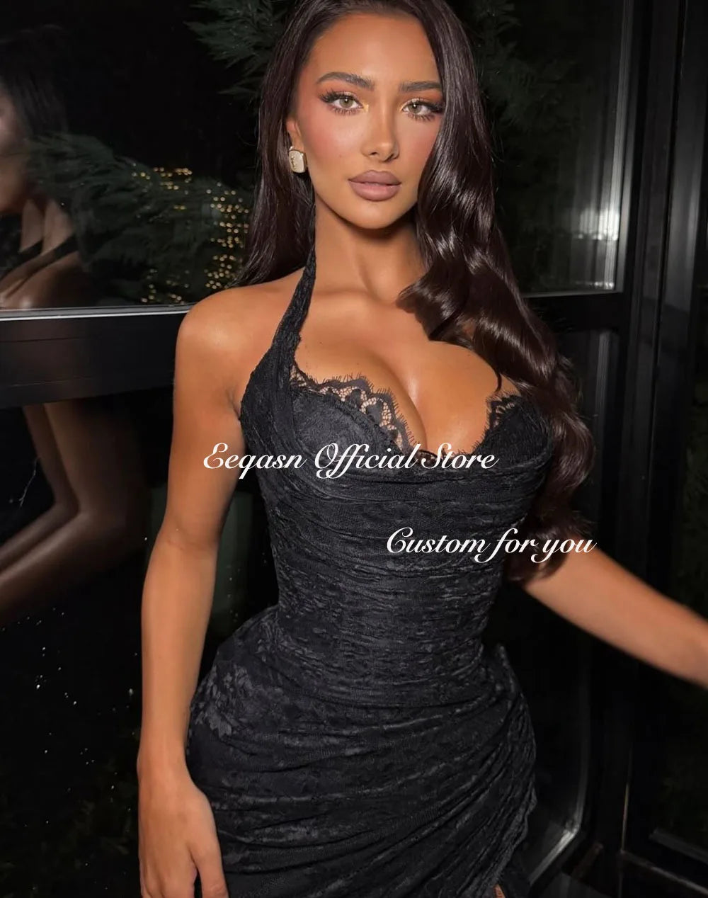 Halter Neck Lace Prom Dress High Slit Mermaid vestidos de noche Elegant Sexy Black Ruched Formal Evening Gown Customized