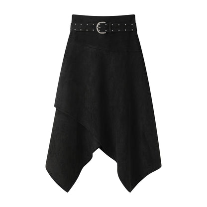 Women's Suede Midi Irregular Skirt With Belt 2000s Aesthetic French Vintage Party A-line High Street Design Maillard Korean New