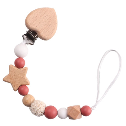 Baby Wood Crochet Round Bead Pacifier Chain Wooden Heart Dummy Holder Clip For Baby Teether Teething Chain Nursing Chew Toy Gift
