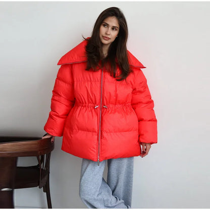 Women Stand Collar Puffer Jacket Waist Cinched Zipper Long Sleeve Warm Padded Coat 2026 Winter Commuter Lady Quilted Outerwear