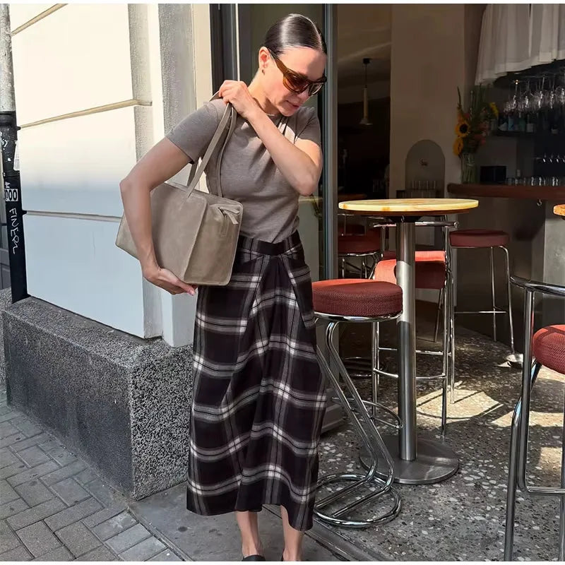 Plaid Skirt Women Checked Midi Skirt Fashion High Waist Pleated Irregular Slim Mid-length Bottom Lady Daily Commute Street Skirt