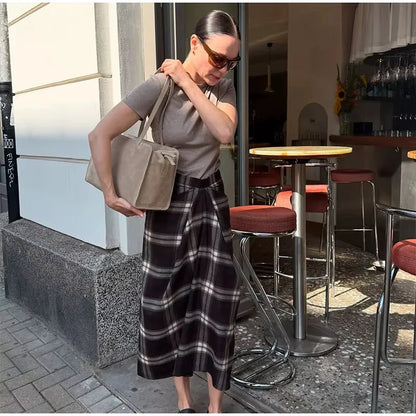 Plaid Skirt Women Checked Midi Skirt Fashion High Waist Pleated Irregular Slim Mid-length Bottom Lady Daily Commute Street Skirt