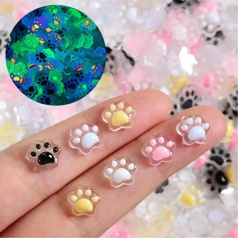 20Pcs 3D Luminous Cat's Paw Nail Charms Cute Resin Cat Paws Y2K Nail Art Decorations DIY Hair Clip Crafts