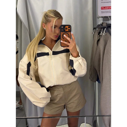 Fashion Contrast Strip Women's Windproof Jacket Casual Long Sleeve Stand Collar Loose Short Coat 2026 Autumn New Street Clothes