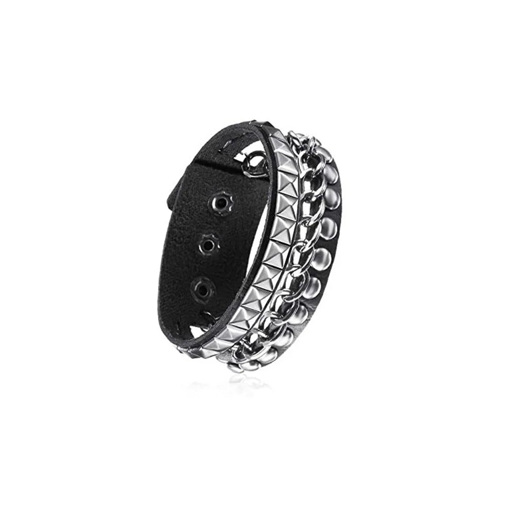 80s Black Round Square Gothic Spike Bracelet Punk Rock Bracelet Studded Faux Leather Bracelet for Men Women
