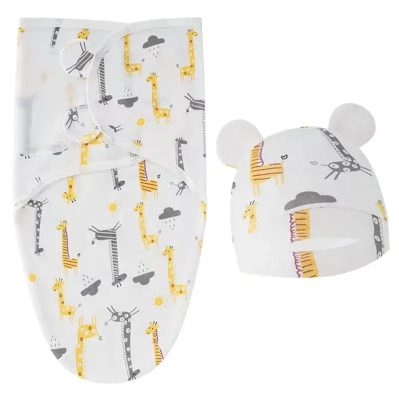 Baby Blanket Hat Set Cartoon Printed Cotton Newborn Swaddle Adjustable Infant Sleeping Swaddle Wraps All Seasons 0-6 Months