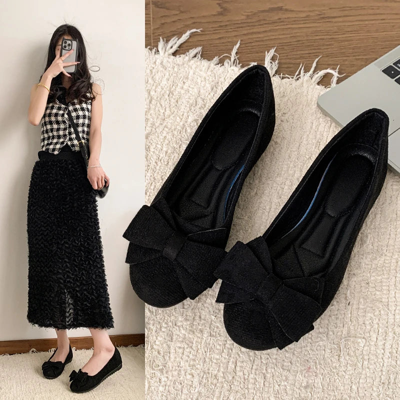 Women Sweet Big Bow Flats Shoes Soft Suede Round