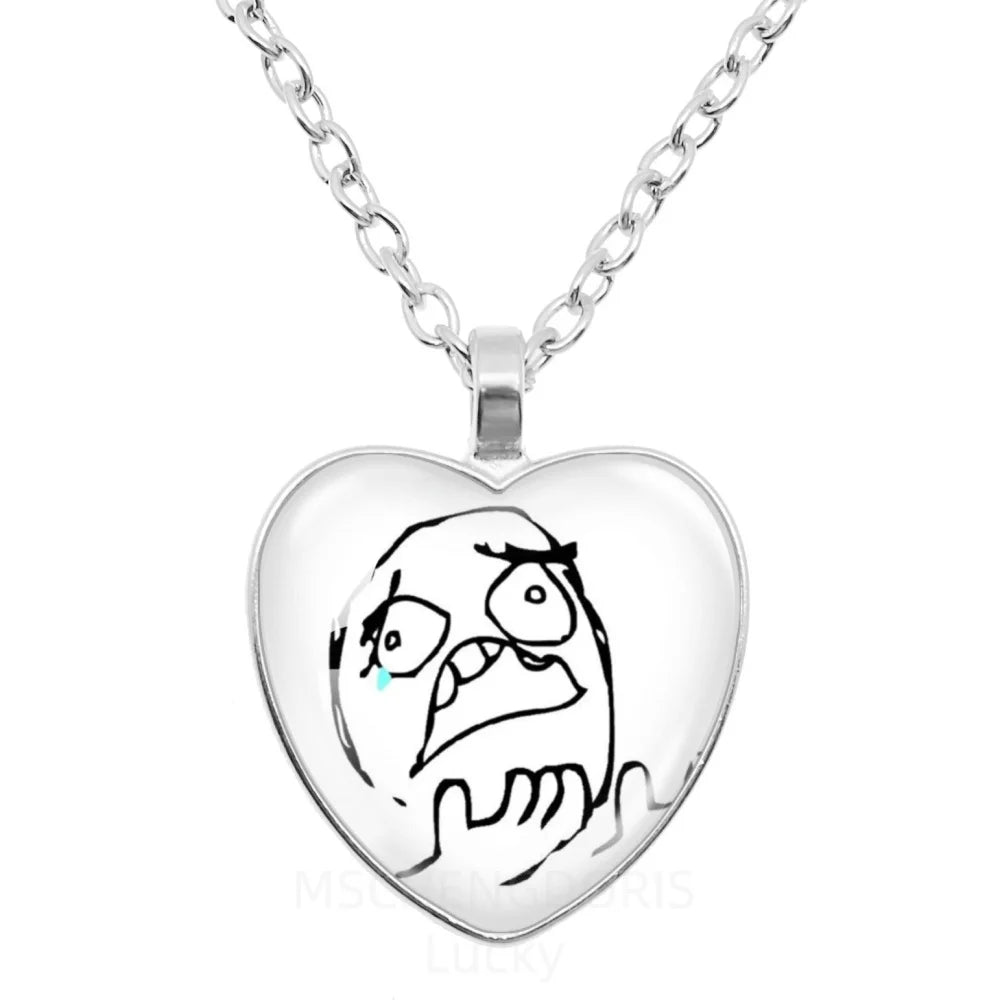 Rage Comic Necklace Derp Face Trollface Funny Meme Cartoon Glass Heart Shape Pendant Chain Necklace Charm Jewelry Collect Gift