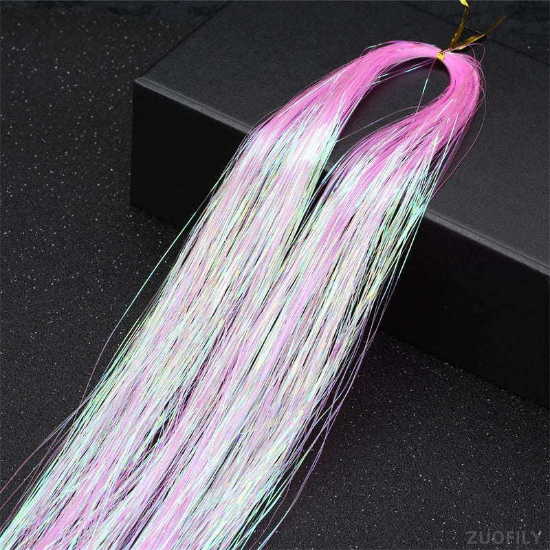 Laser Holographic Hair Tinsel Extensions Rainbow Metallic Shiny Glitter Hair Strand Sparkly Synthetic Hair for Braiding Festival