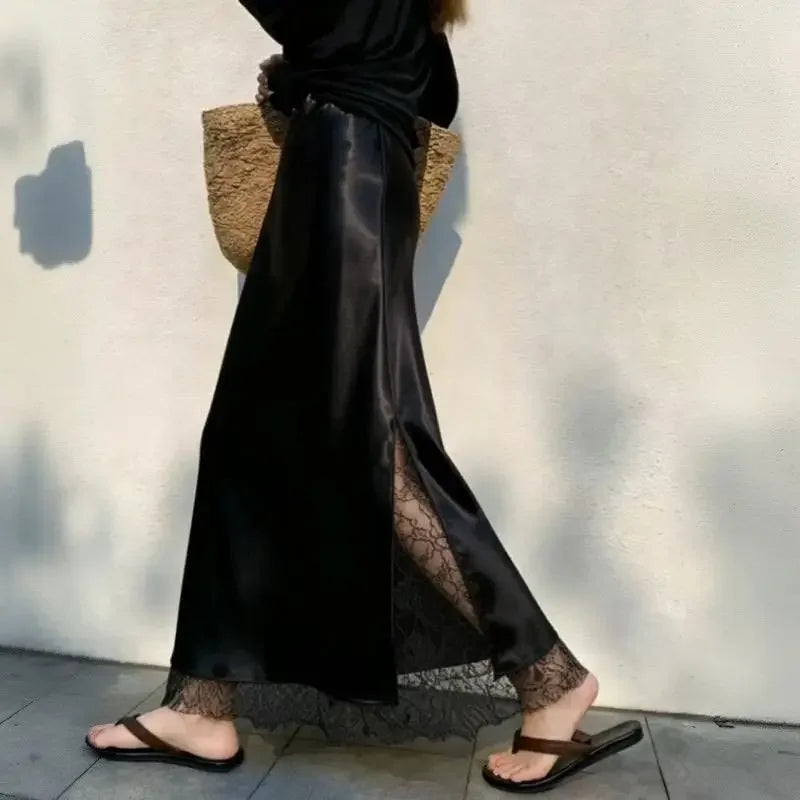 FOTVOTEE Elegant Satin Fish Tail Half Skirt High Waist Lace Splice Side Slit Draping Long Women's Skirt Slimming Party Midi Skin