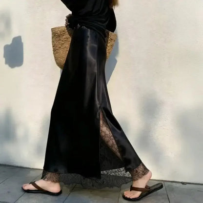 FOTVOTEE Elegant Satin Fish Tail Half Skirt High Waist Lace Splice Side Slit Draping Long Women's Skirt Slimming Party Midi Skin