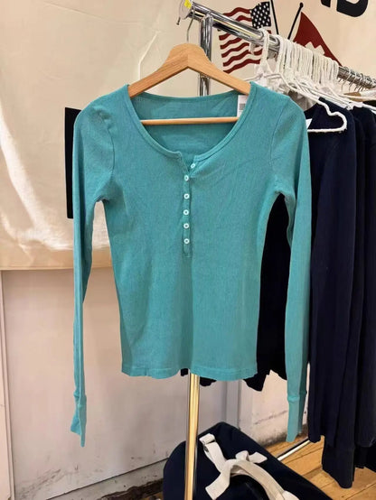Retro White Ribbed Button T-shirts Women Spring Cotton Round Neck Long Sleeve Tees Female Y2k Streetwear Casual T Shirt Tops