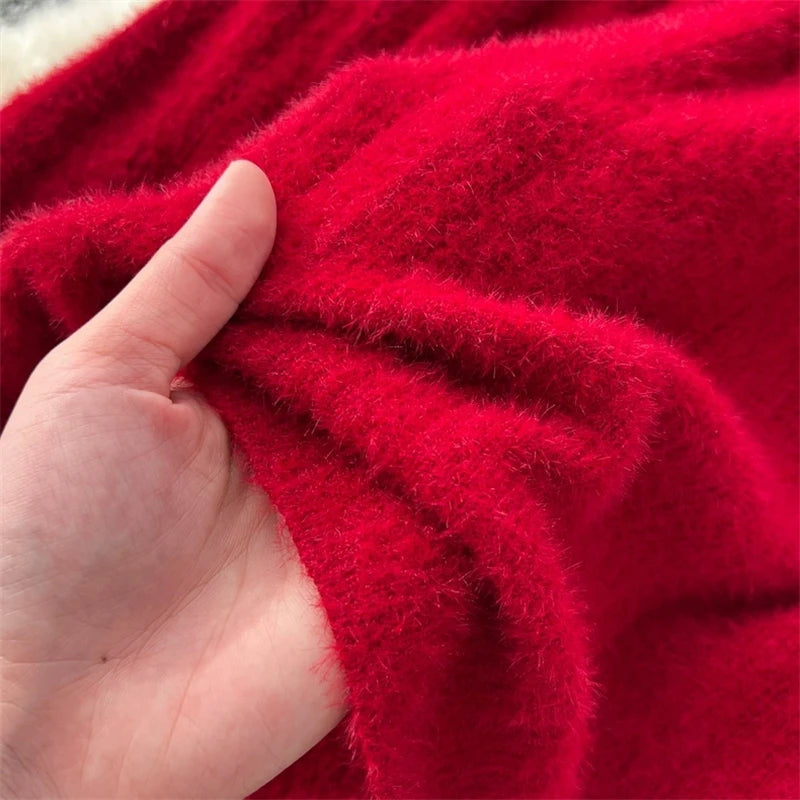 KARWomen Faux Mink Knit Pleated Midi Skirt High Waist Warm Fluffy A-Line Long Skirt Elegant Autumn Winter Solid Color Skirts 690