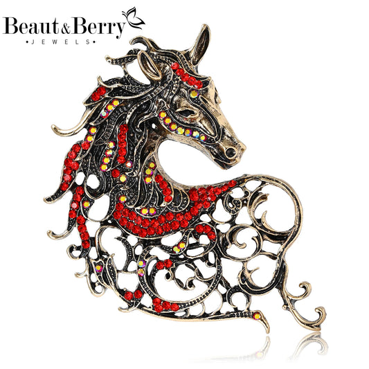 Beaut&Berry Vintage Rhinestone Horse Head Brooches for Women Zodiac Animal Pins Casual Party Accessories New Year Gifts Friends