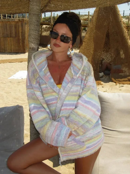 2026 Women Pastel Gradient Striped Hooded Knit Cardigan Loose Open Front Beach Cover-up For Seaside Vacation Leisure Daily Wear
