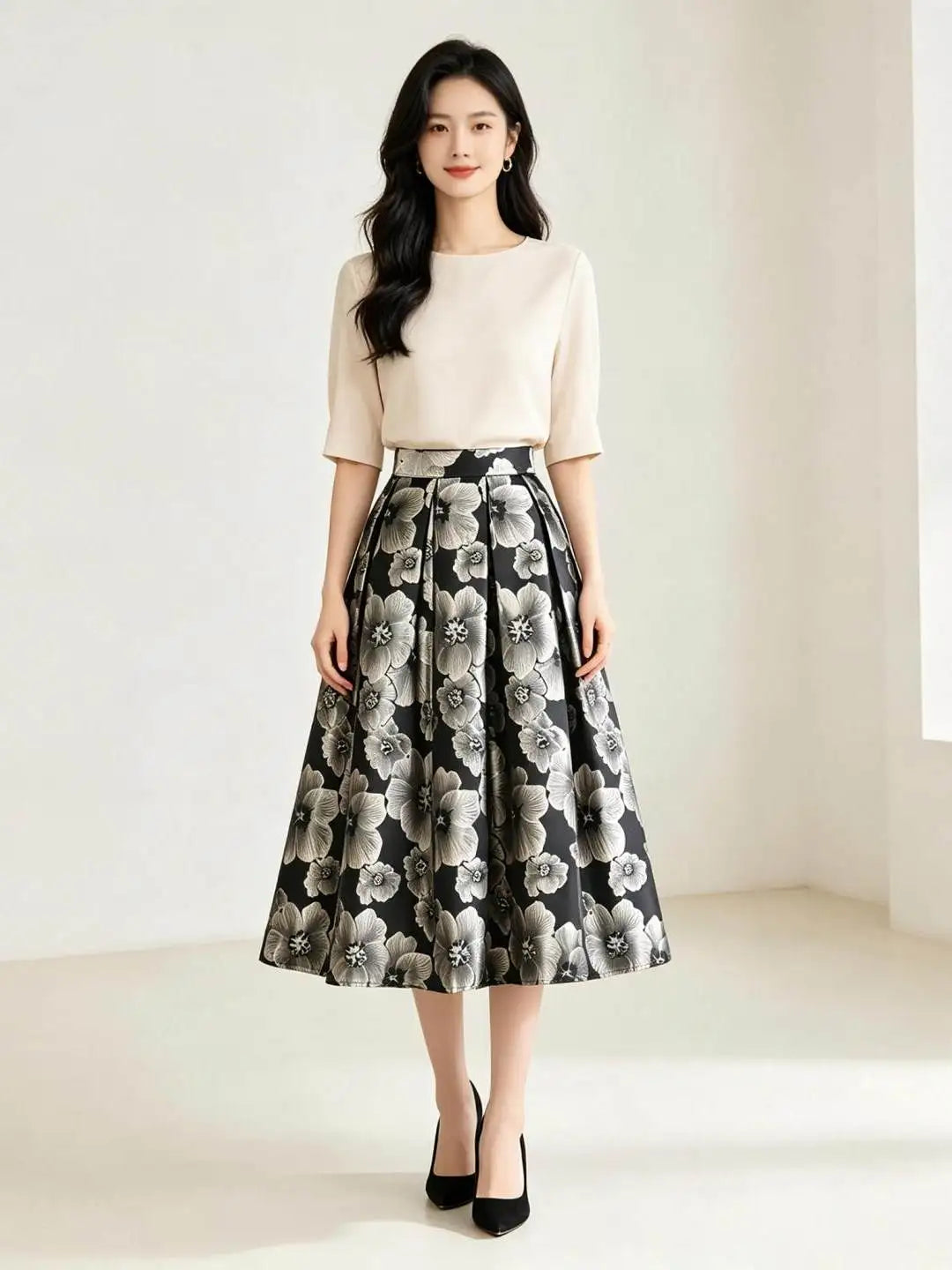 High Quality New Autumn Vintage Hepburn Embroidery Jacquard Puffy Skirt Elegant High Waist Mid-length Casual A-line Long Skirts