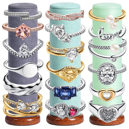 New 925 Silver Sparkling Double Heart Blue Pear Blossom Ice Pillar High Princess Crown Ring Fashion DIY Charm Jewelry