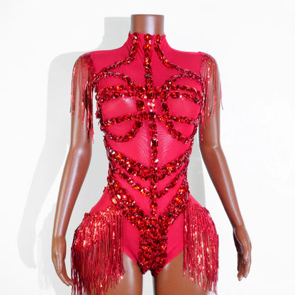 Black Sequins Fringes Leotard Mesh See through Party Bodysuit Women Sparkle Rhinestones Nightclub Prom Gogo Dance Stage Outfits