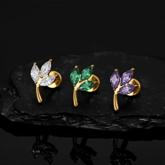 Right Grand ASTM F136 Titanium Triple Marquise CZ Cartilage Earring 16G Dainty Leaf Helix Tragus Stud Ear Piercing Jewelry