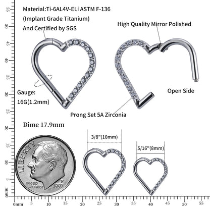 Right Grand ASTM F136 Titanium Daith Heart Earring Hoop Cartilage Tragus Helix Rings Hinged Segment Hoop with Clear CZ
