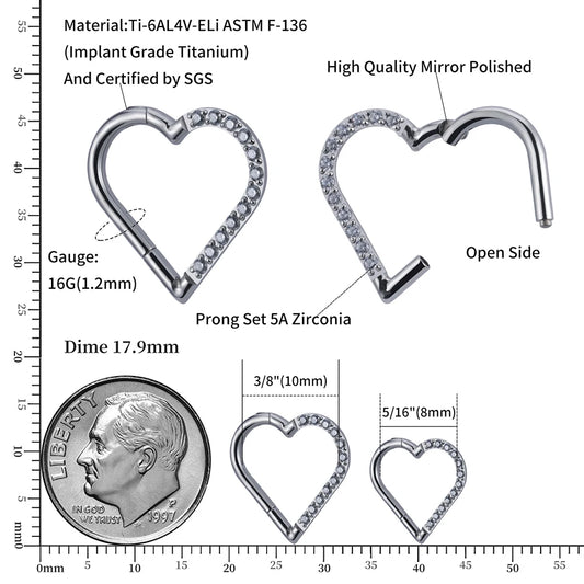 Right Grand ASTM F136 Titanium Daith Heart Earring Hoop Cartilage Tragus Helix Rings Hinged Segment Hoop with Clear CZ