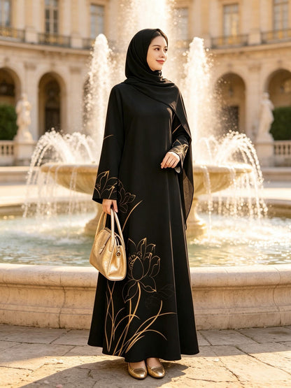 رداء جديد صيفي مريح وجيد التهوية للنساء المسلمات، ملابس تقليدية ثقافية شرق أوسطية، تصميم بأكمام طويلة وطبعة نقشة زهور، فستان طويل للتنقل اليومي، قصة عادية، 149786