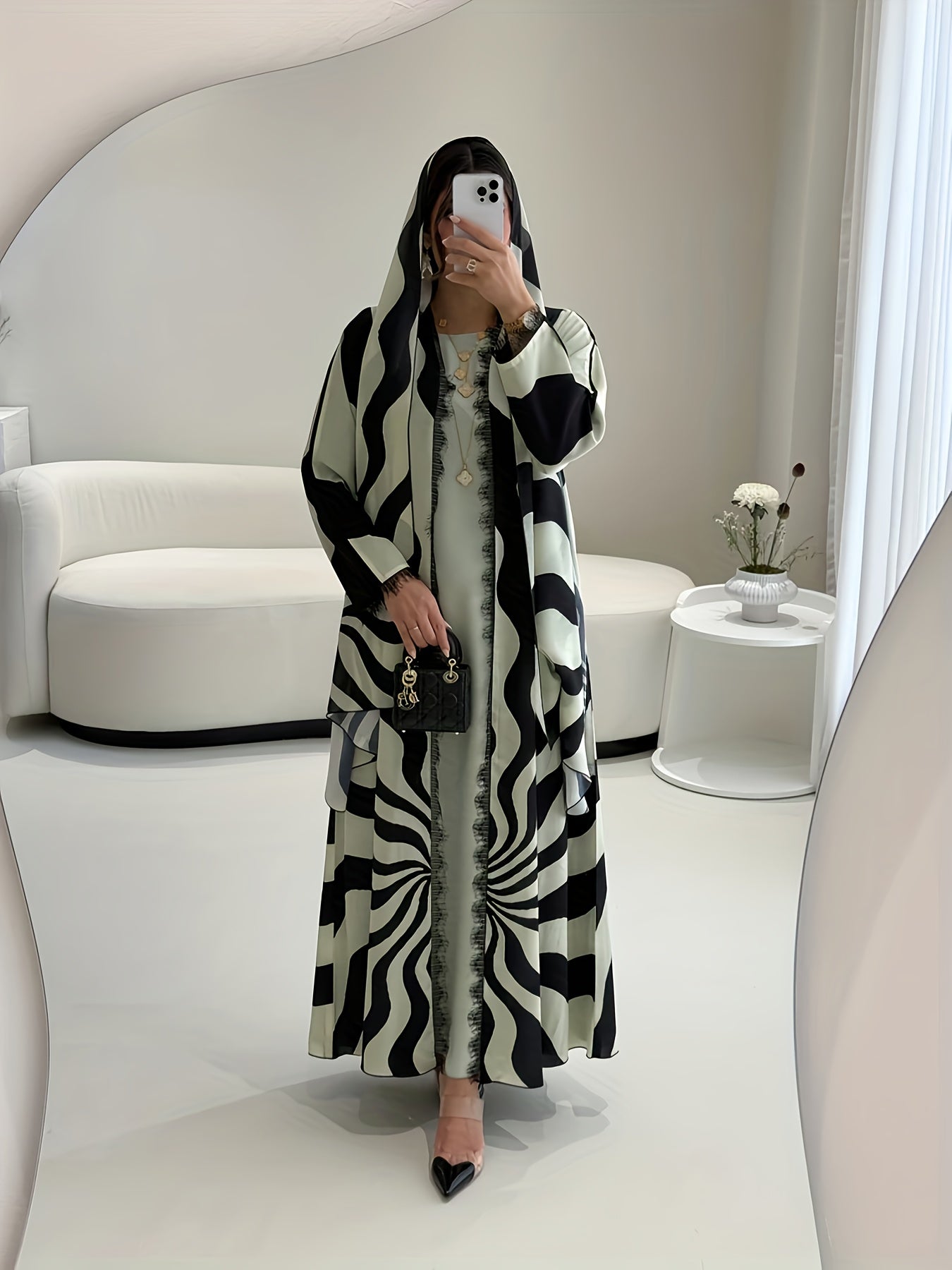 طقم مكون من قطعتين: وشاح رأس أنيق مسلم شرق أوسطي + رداء مفتوح الأمام بتطريز دانتيل مطبوع