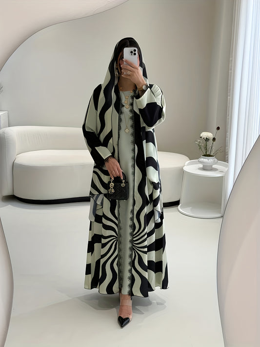 طقم مكون من قطعتين: وشاح رأس أنيق مسلم شرق أوسطي + رداء مفتوح الأمام بتطريز دانتيل مطبوع
