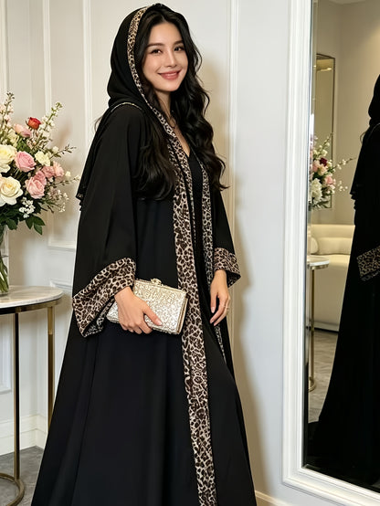 طقم رداء ووشاح رأس من قطعتين: رداء صلاة إسلامي يتميز بتصميم مرقع أنيق بطبعة جلد الفهد مفتوح من الأمام، مع وشاح رأس مطابق بطبعة جلد الفهد. ناعم ومريح؛ تصميم كلاسيكي ومتعدد الاستخدامات، مناسب للجميع