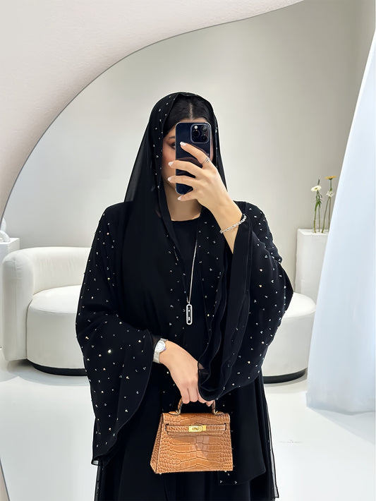 عباية أنيقة دبي تركية بأسلوب الشرق الأوسط، ياقة دائرية، أكمام طويلة، مزينة بالترتر وحجر الراين، قماش غير قابل للتمدد، قابل للغسل اليدوي، فستان رسمي مسلم تقليدي لفصول الربيع والصيف والخريف، تصميم عصري، مع وشاح رأس