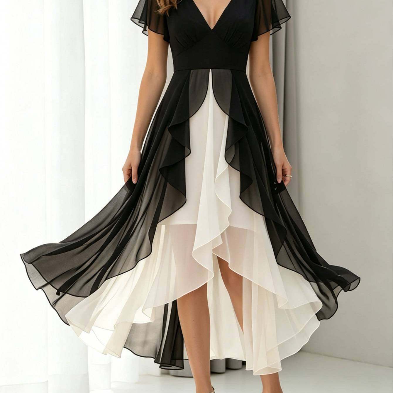 ELVARA color-block chiffon ruffle dress