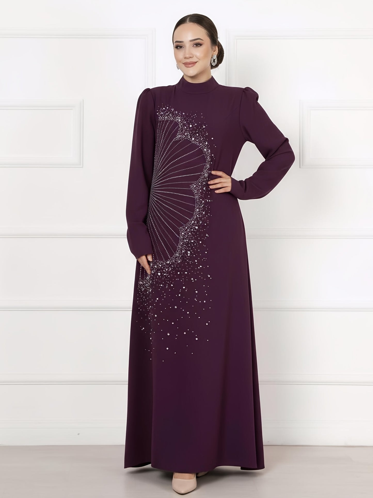 عباءة أردنية إسلامية أنيقة بتصميم A-Line، رقبة مستديرة، مثقوبة، بتصميم أنيق (العمامة غير متضمنة)